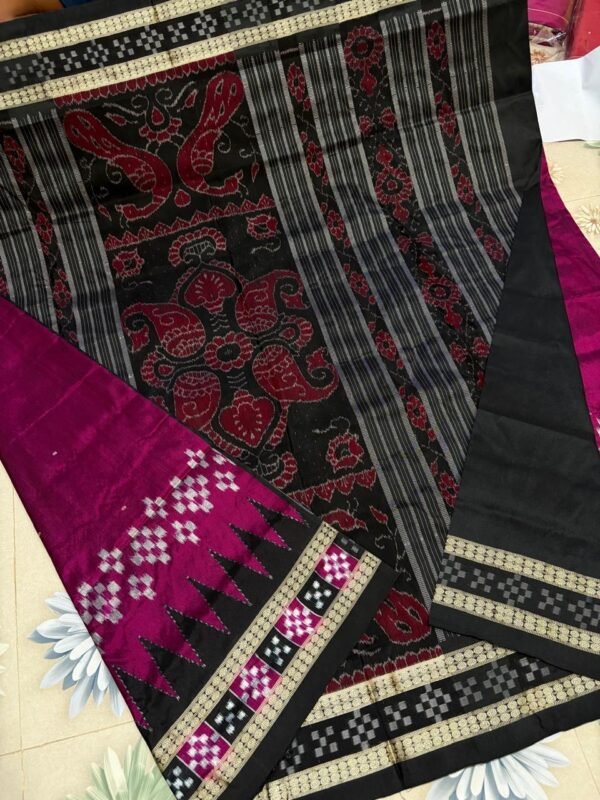 Samblpuri pasa pali pata &Elegant Sambalpuri Silk Saree in Magenta and Black with Traditional Ikat Weaving